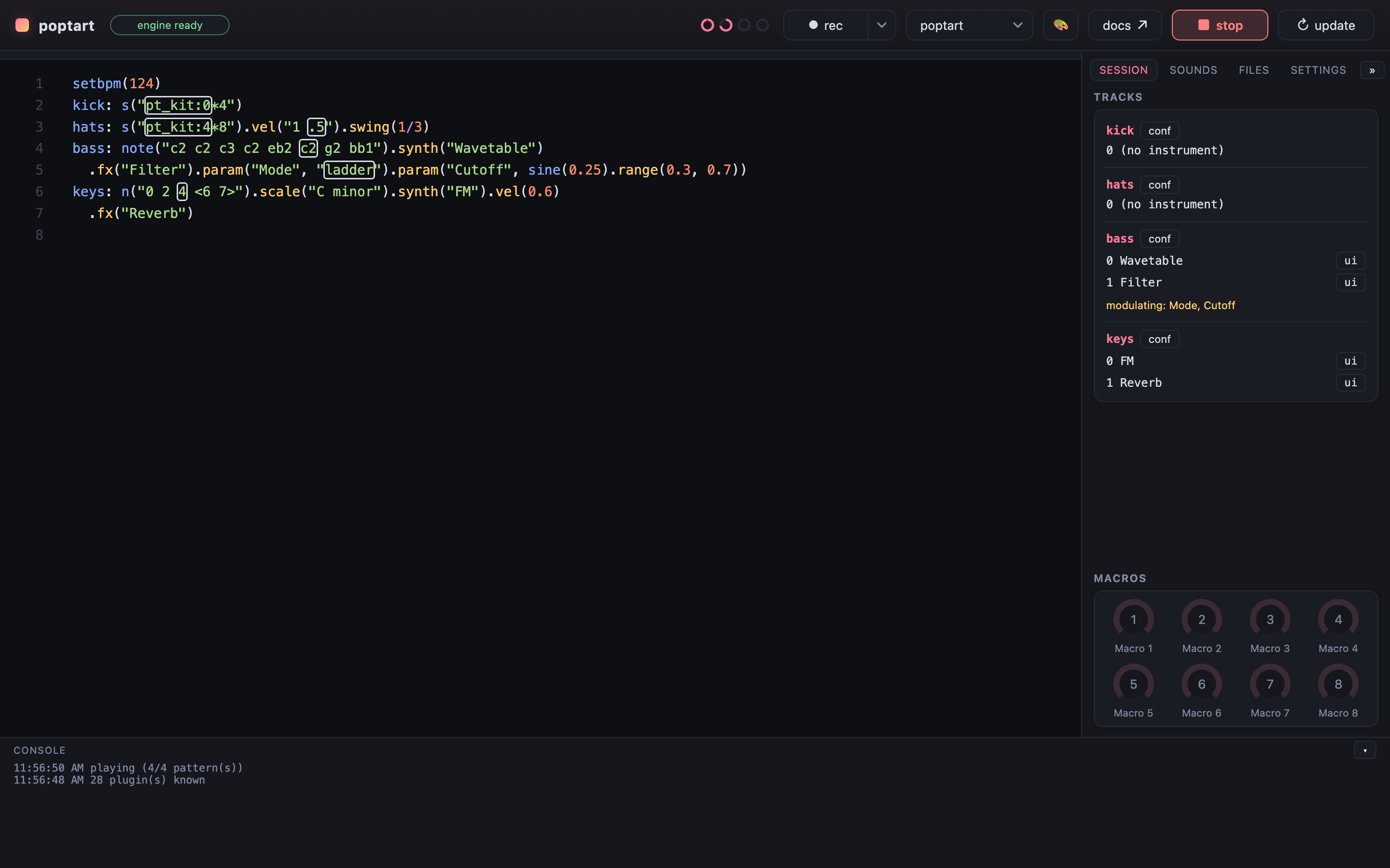 The poptart window: code on the left with the playing notes boxed, the tracks and macro knobs on the right.